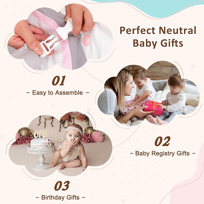 Baby Play Gym & Activity Mat, Tummy Time Mat with Tummy Time Pillow 7 Detachable Sensory Toys and Educational Cards for Motor Skills & Sensory Development, Baby Essentials Shower Gift, Pink Koala