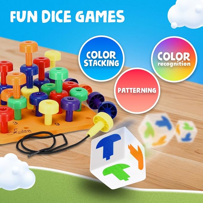 Skoolzy Peg Board Set - Montessori Toys for 2 Year Old - 33 Pc Peg Board for Kids - Occupational Therapy Toys with Pegs, Dice, Lacing String & Storage Bag - Montessori Toys for 2+ Year Old