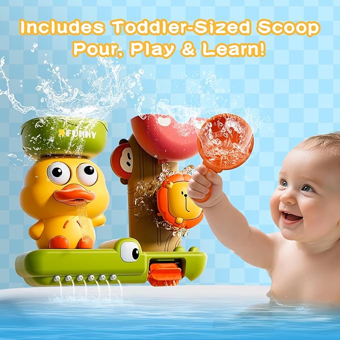 Baby Bath Toys with Scoop Suction Cup, Interactive Duck Lion Bathtub Toy for Toddlers 1-3, Infant Fun Shower Gift for Bath Time 1 2 3 4 Year Boy Girl