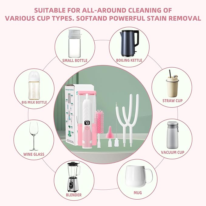 Electric Bottle Brush Cleaner,Electric Baby Bottle Brush Cleaner, Baby Bottle Washer,8 in 1Automatic Bottle Cleaner Brush Set (Pink)