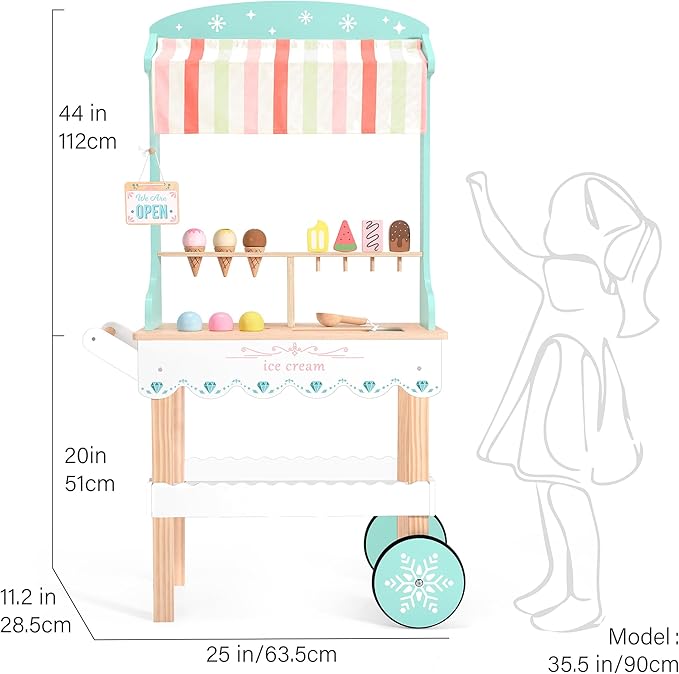 PairPear Large Wooden Ice Cream & Grocery Cart, 2 in 1 Pretend Play Ice Cream Truck Market Stand with 15 Play Food Pieces, Rolling Food Truck Toy for Kids Ages 3+