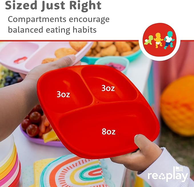 Re-Play Toddler Plates with Dividers - Deep-Walled 3 Compartments Divided Plates for Kids - Dishwasher & Microwave Safe - Made in USA - Set of 3-7.37" x 7.37" x 1.25" - Preschool