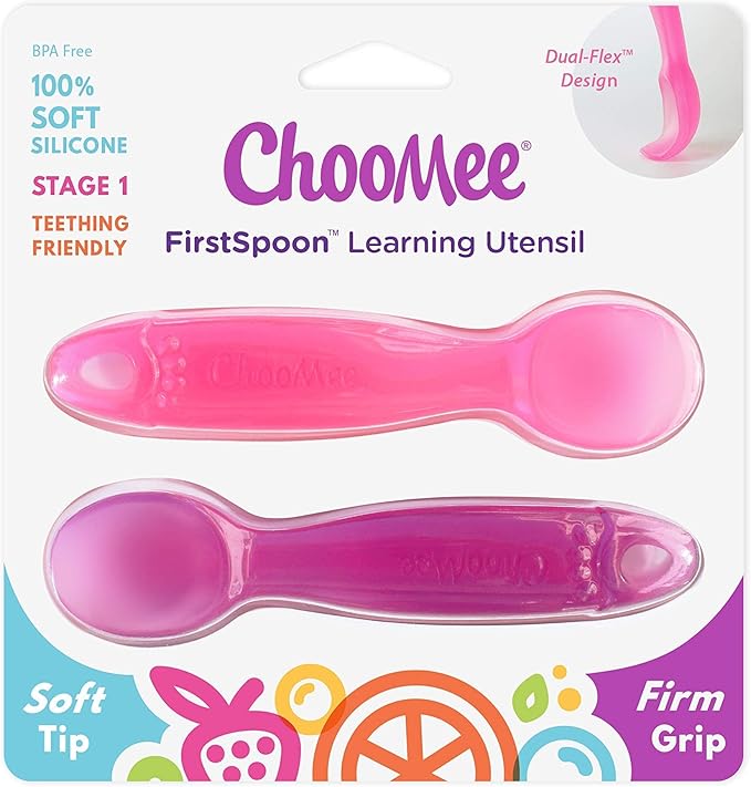 ChooMee Silicone Baby Spoons | 4 Months +, First Stage Baby Led Weaning and Self Feeding | Soft Spoon with Firm Handle | Designed in USA, BPA Free, Premium grade Platinum Silicone | 2 CT