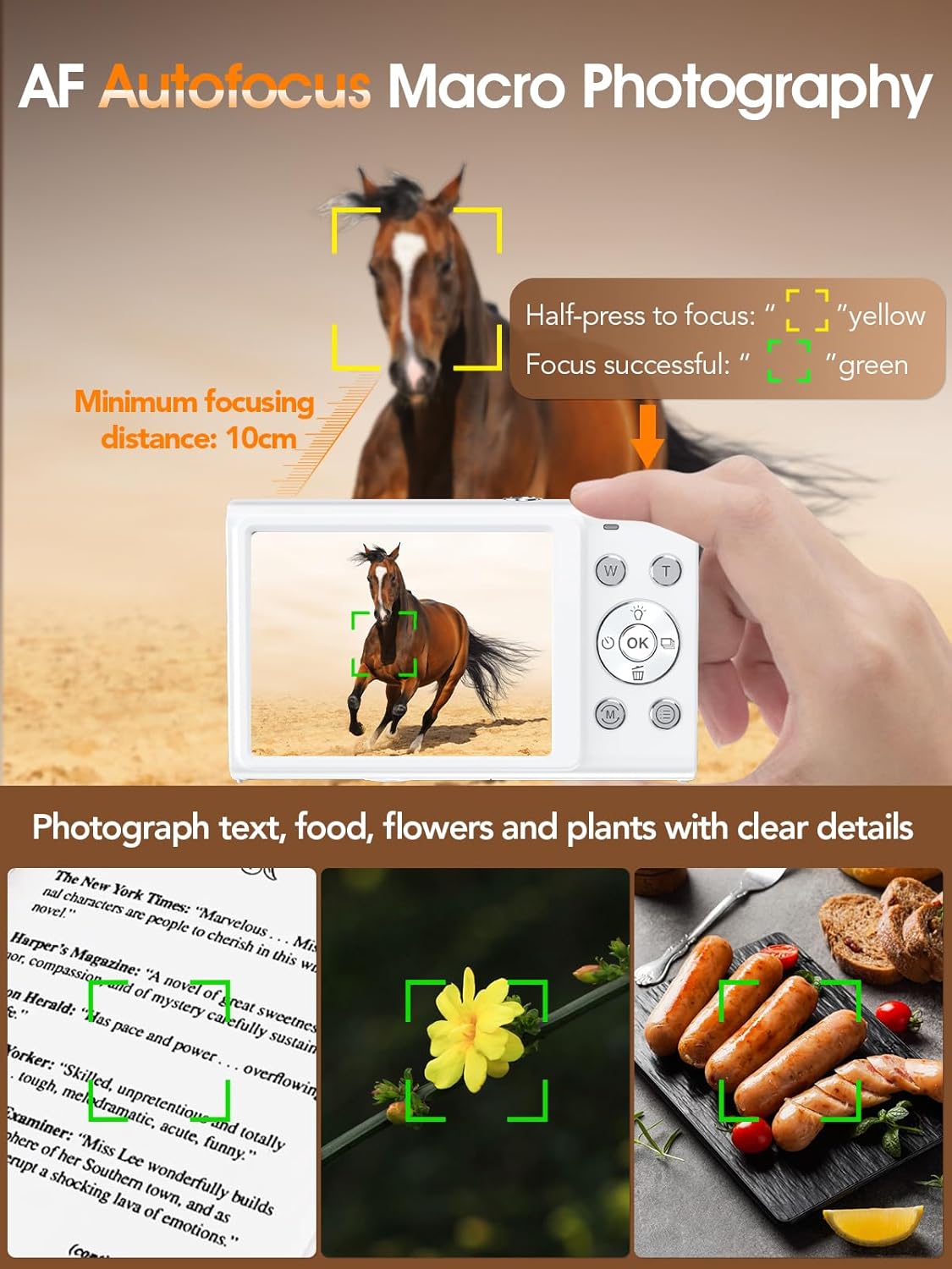 Digital Camera,Autofocus 4K Vlogging Camera for Photography with 32GB Card,48MP Portable Compact Point and Shoot Digital Camera for Teens Adult Beginner with 16X Zoom,Anti-Shake,2 Batteries(White)