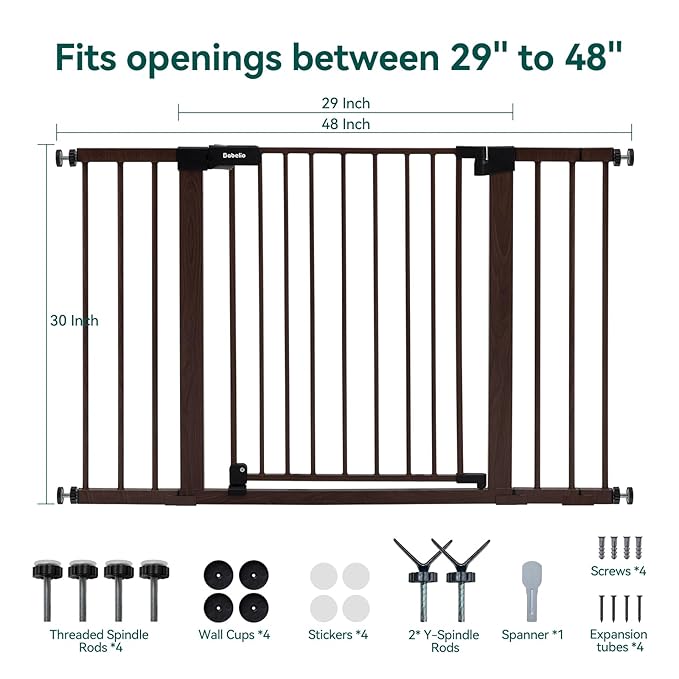 BABELIO Baby Gate with Black Wood Pattern, 29-48 Inch Auto Close Dog Gate PressGuard P7 for The House, Stairs and Doorways, Pressure Mounted Pet Gate with Door and Y Spindle Rods