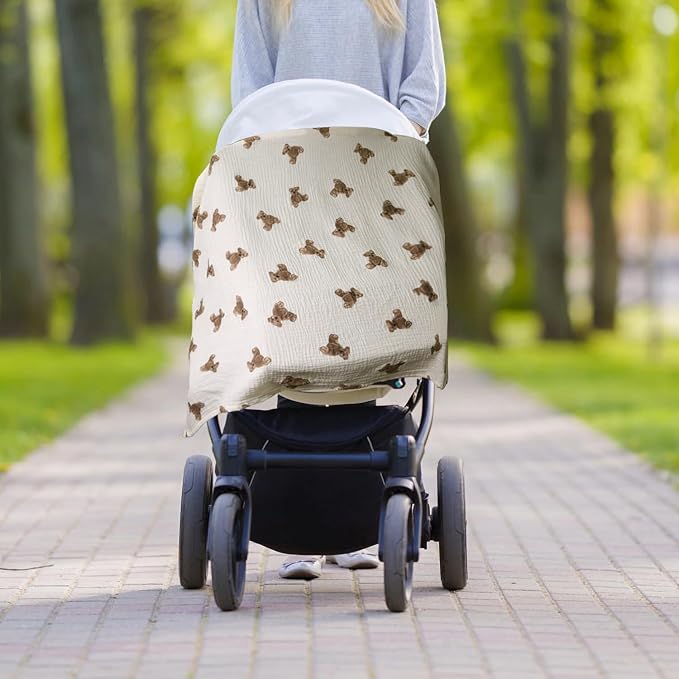 Muslin Nursing Cover for Baby Breastfeeding, Breathable 100% Cotton Breastfeeding Cover with Rigid Hoop for Mother Nursing Apron, Multi-use Carseat Canopy (Bear)