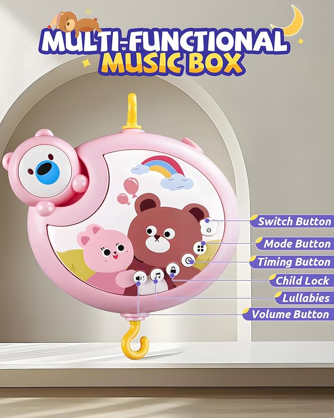 Crib Mobile With Music And Lights, Mobiles For Cribs, Baby Mobile Arm Toys Hanging For Bassinets Girls Boys, Nursery Musical Space Portable Infant Mobiles Clip On Pack And Play Hanger 0-6 Months