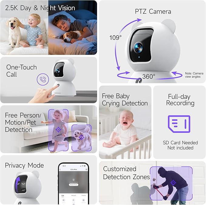 2.5K Security Camera Indoor, Non-Subscription AI Person/Pet/Cry Detection, 4MP Pet/Dog/Cat Camera w/Phone App, Pan Tilt 2.4GHz WiFi Cameras for Home Security, Full Duplex 2-Way Audio, IR Night Vision