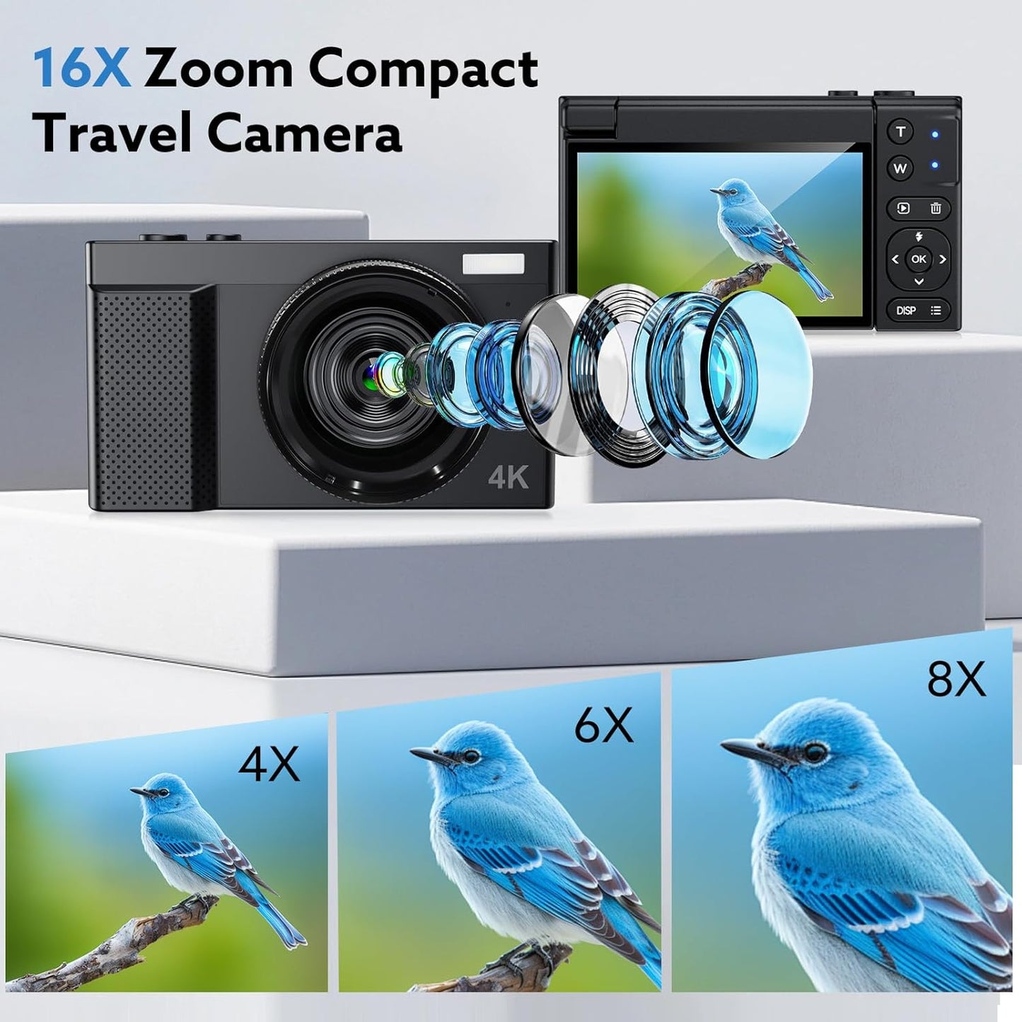 Digital Camera, 4K 64MP Cameras for Photography with 3" 180° Flip Screen,Macro and Wide-Angle Lenses,16X Vlogging Camera for YouTube with 64GB Micro SD Card for Beginner, Teens