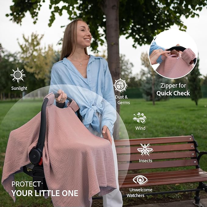 Nilsa 5-in-1 Muslin Nursing Cover up for Breastfeeding & Baby Car Seat Cover - Breathable Breastfeeding Cover With Rigid Hoop - 100% Cotton Privacy Apron Breast Feeding Covers For Women (Blush)