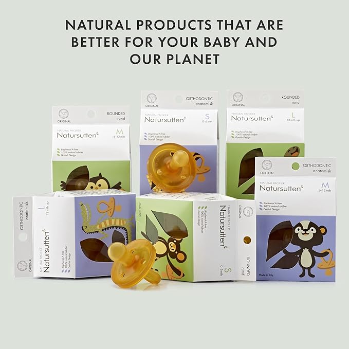 Natursutten Pacifiers 12-18 Months - 2-Pack Original Shield Round Nipple Natural Rubber Safe & Soft BPA-Free Pacifier for Breastfeeding Babies - Newborn Pacifiers Made in Italy