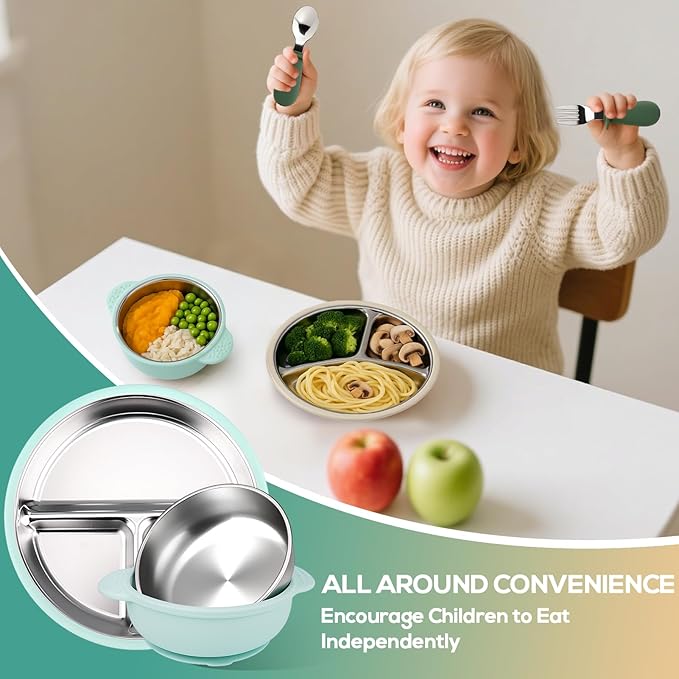 Mity rain Stainless Steel & Silicone Toddler Plates and Bowls Set with Suction,10-Piece Suction Plates & Bowls for Toddler,Removable Shell,Silicones Baby Plates for Independent Eating.