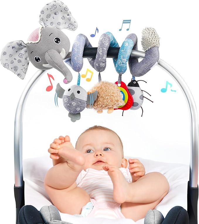 Jollybaby Crib Stroller Car Seat Toys for Baby 0-3-6-9-12 Months, Tummy Time Hanging Sensory Toys for Newborn with Music Box and Teether, Spiral Carseat Toy for Boys Girls Gifts (09-Sz Gray Elephant)