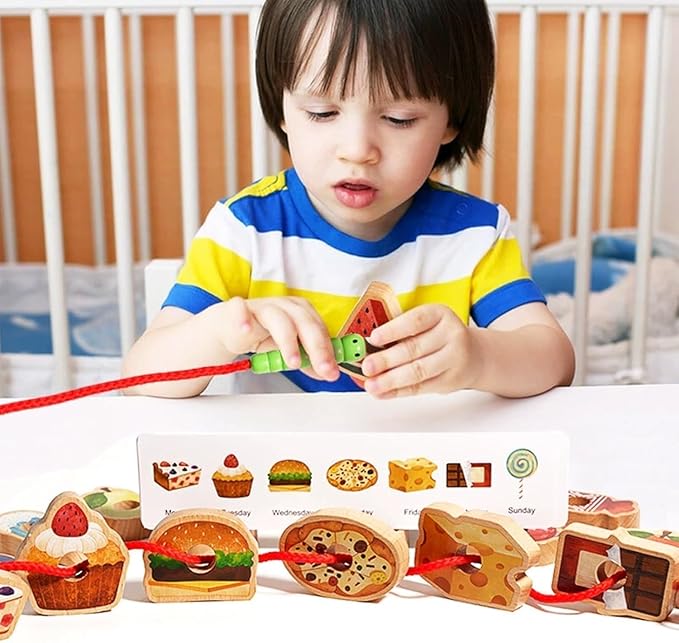 2025 New Upgrade Wooden Greedy Caterpillar Rope Toy,Greedy Caterpillar Lacing Toy,Threading Toys,2.5 in Fruit & Vegetable Caterpillar Lacing Bead String Game for 3+ Year Old