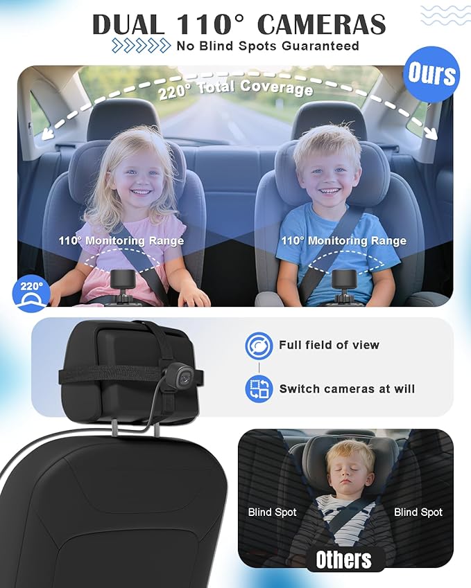 Baby Car Camera for 2 Kids - 4.3" Dual Channel Car Baby Monitor with Split Screen,Night Vision, Wide View, Easy Install Rear Facing Backseat Camera for Baby