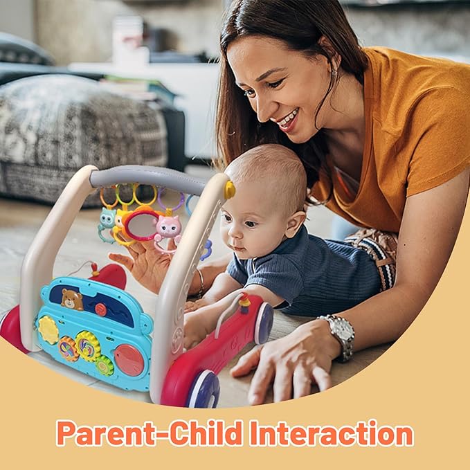 Baby Gym Play Mat & Baby Walker, Baby Activity Center with Music and Light, Tummy Time Mat, Push Toys for Toddler, Detachable Play Piano and Rattles for Newborn Babies Infants Boys Girls