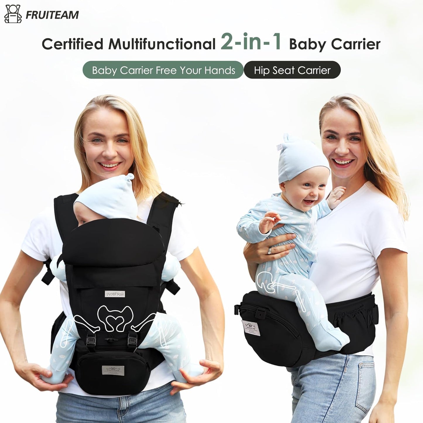 FRUITEAM Baby Carrier Newborn to Toddler, Safety-Certified Waist Stool with Hip Seat, Ergonomic 6-in-1 Baby Carrier with Head Support, Adjustable & Removable Baby Holder for All Seasons, Black