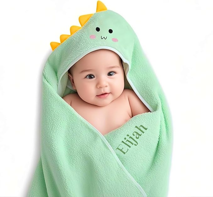 Personalized Baby Towels for Newborn Custom Embroidery Name Hooded Baby Bath Towels for Boy Girl Newborn Essentials Must Haves Shower Gift Soft Coral Velvet 30"x30" (Green)