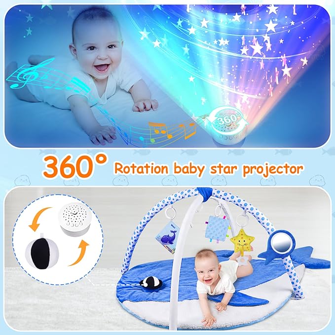 Baby Play Gym & Activity Mat,Oversize Whale Shaped Baby Play Mat w 6 Detachable Toys,Tummy Time Mat Promote Motor Skills & Sensory Development Mat, Newborn Infant Baby Essentials Gift