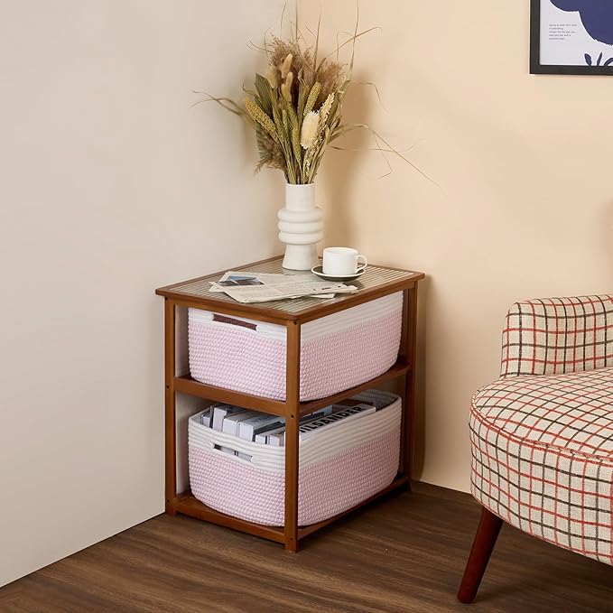 Large Storage Baskets for Shelves, Closet Organizers Bins for Clothes Blanket Towels, Baby Nursery, Toy Baskets Box, Woven Rope Baskets, 17 x 13 x 7.5”, 2 Packs Woven Pink