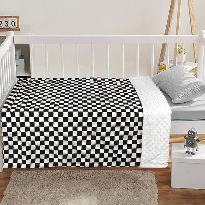 Baby Blanket for Boys Comfy Durable Corduroy Toddler Blanket with Double Layer Dotted Backing Checkerboard Grid Chessboard Gingham Warmer Bed Blankets for Newborn Infants Black, 30x40 Inches