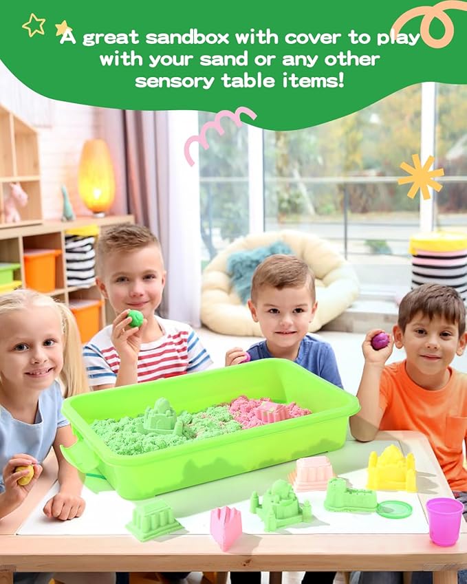 Sensory Bin Sand Tray with Lid for Toddlers 2 Pcs 15in Portable Sandbox Toy Large Plastic Tray for Kids 3 4 5 6 Fill with Sand, Water, Beads, and More (2 Green)