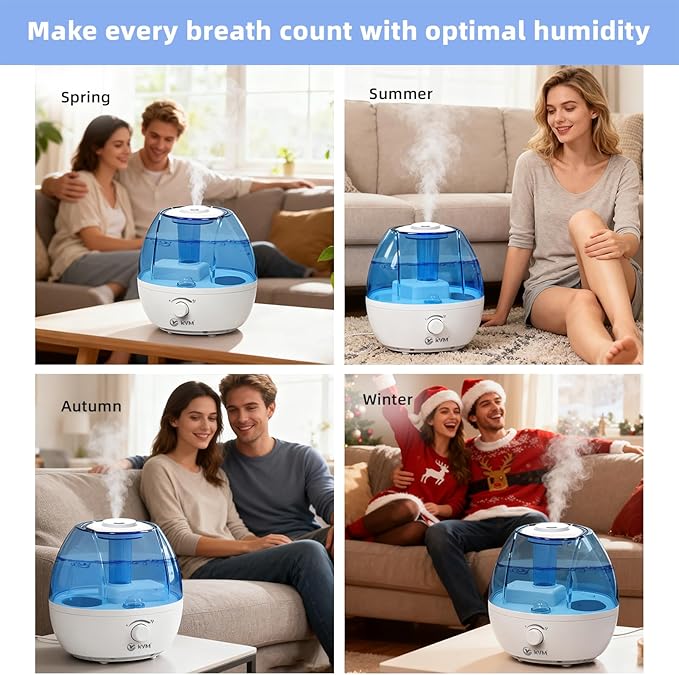KVM Ultrasonic Cool Mist Humidifier, Quiet Air Humidifiers for Bedroom, Nursery, Office, & Indoor Plants, 360 Rotation Nozzle & 2L Water Tank & Night Light