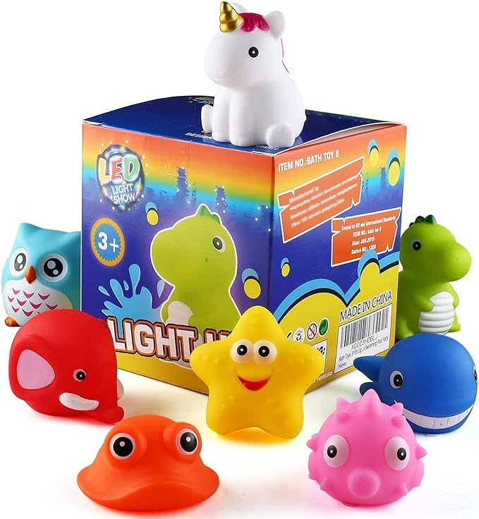 Bath Toys, 8 Pcs Light Up Floating Rubber Animal Toys Set, Flashing Color Changing Light in Water, Baby Infants Kids Toddler Child Preschool Bathtub Bathroom Shower Games Swimming Pool Party