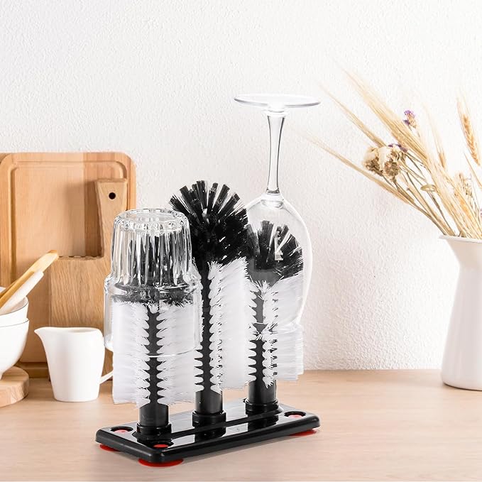 Yesland Water Bottle Cleaning Brush with Suction Base, 3 Head Removable Glass Washer Bristle Brush Cleaner for Long Leg Cup, Beer Cup, Red Wine Glass, Bar, Kitchen, Sink, Home Tools