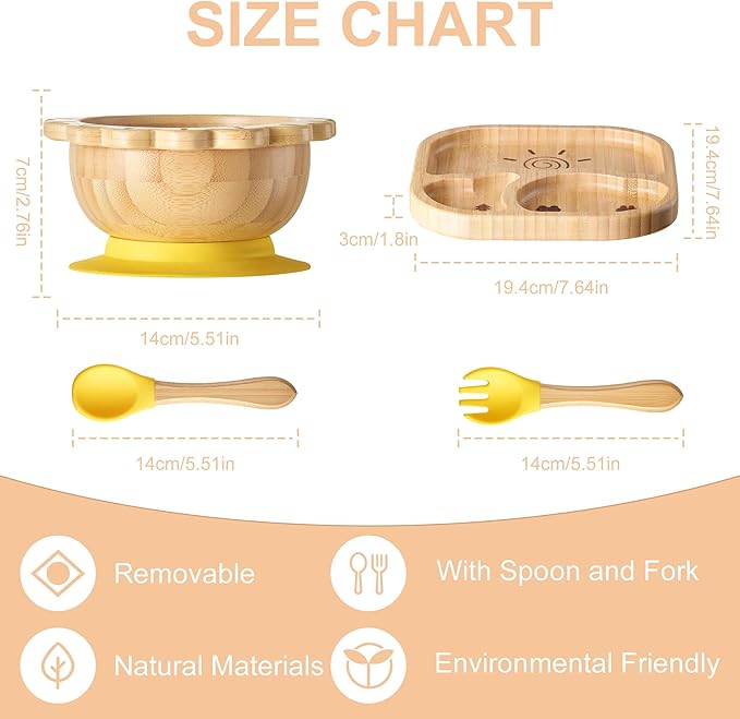 Suction Plates Bowls Set for Baby Toddler Non-Toxic Bamboo Feeding Set with Silicone Fork & Spoon (Yellow Feeding Set)