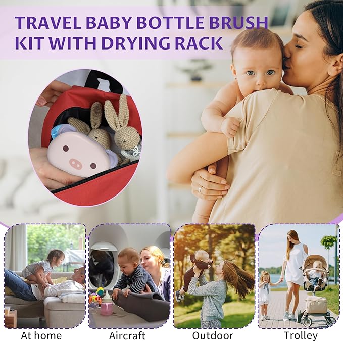 VOOWO Baby Bottle Brush & Drying Rack, Portable Travel Kit - Silicone Bottle & Nipple Brush Set, Straw Cleaner (Purple)