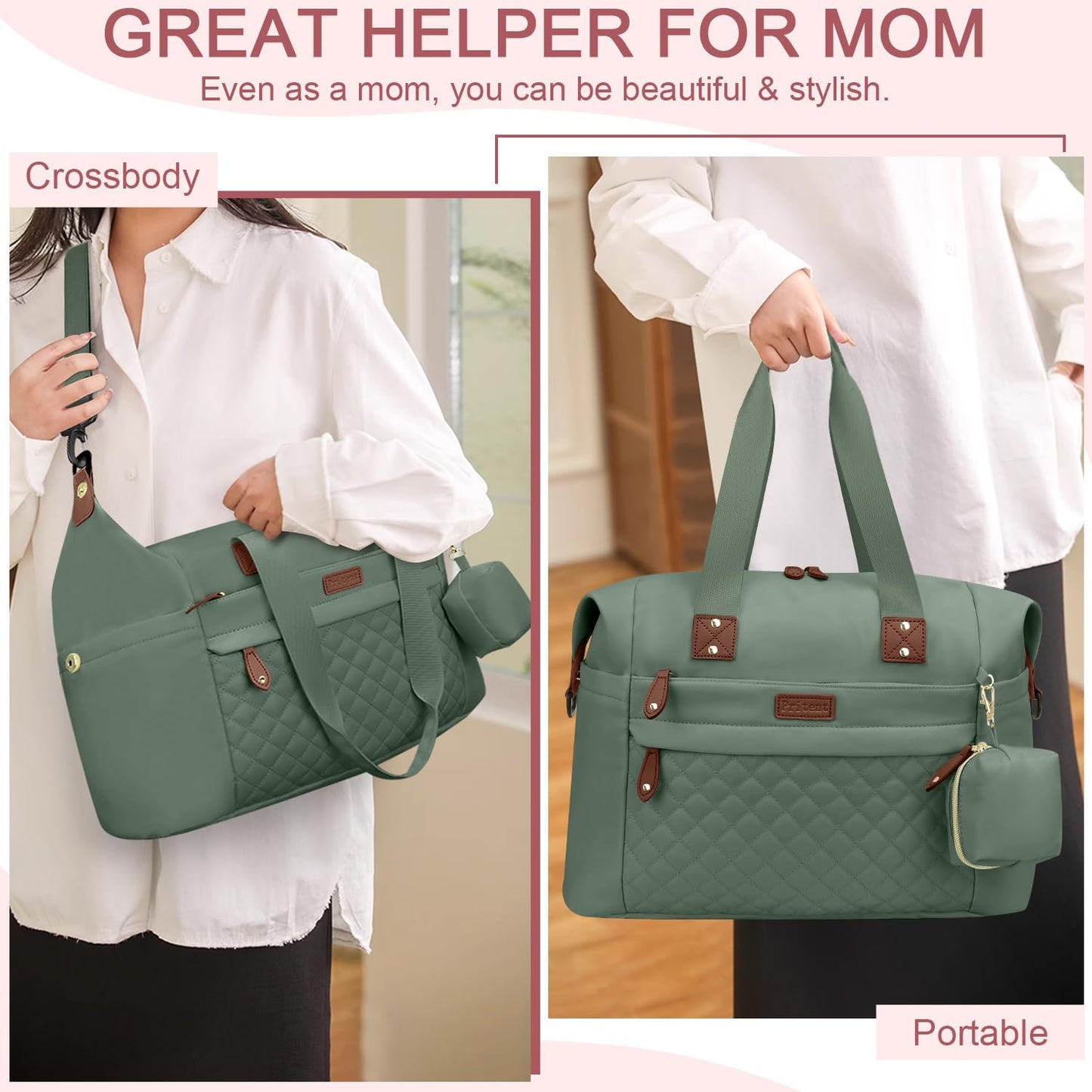 Diaper Bag Tote - Diaper Baby Bags with Pacifier Case, Shoulder Straps, Stroller Clips, Waterproof Large Mommy Maternity Travel Baby Bag for Mom and Dad, Green, Medium