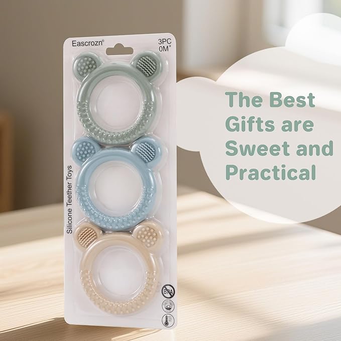 3 Pack BabyTeething Toys, Teethers for Babies 3-6 6-12 Months, BPA Free Teething Relief Easy to Hold, Silicone Teether Toys for Baby Essentials