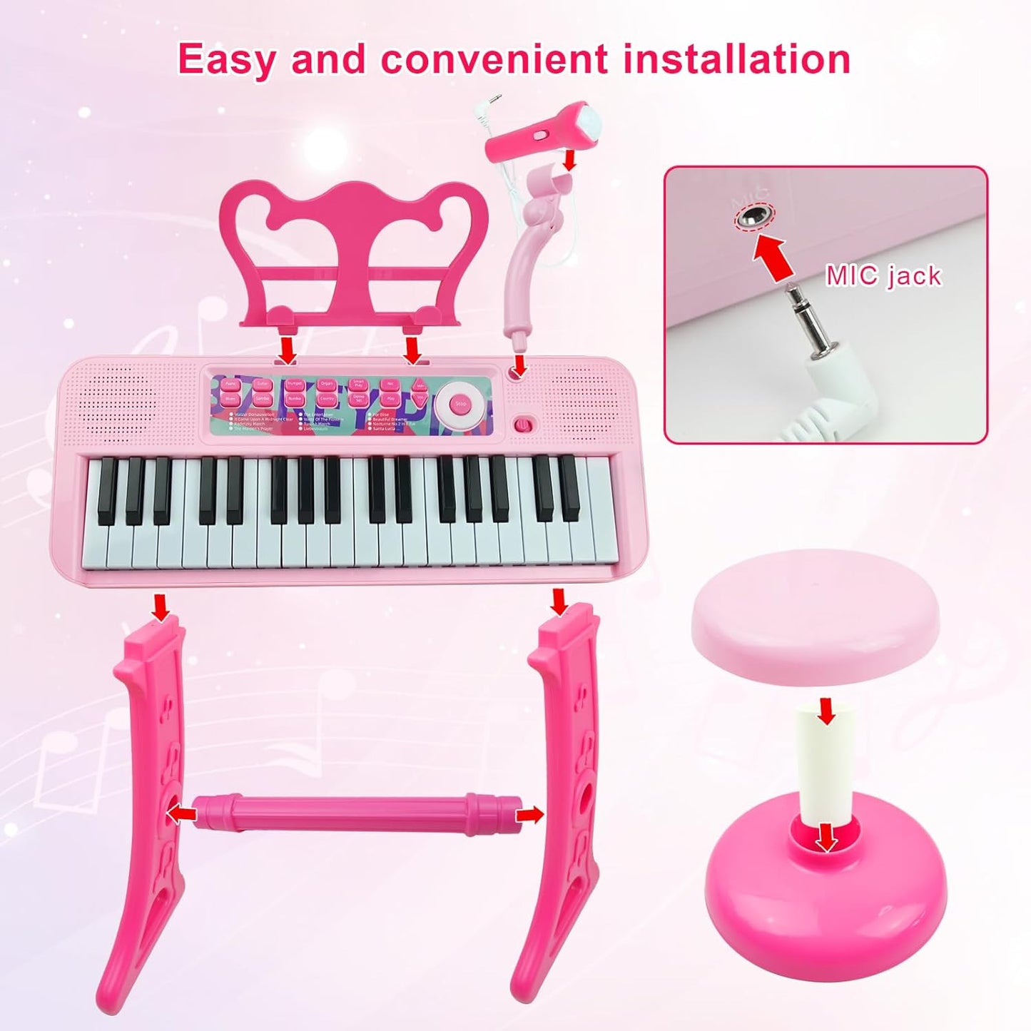 Love&Mini Kids Keyboard Toys for Girls - 37 Keys Pianos Toy with Stool and Microphone Pink Electronic Musical Instrument, Christmas Birthday Gift for Kids 3 4 5 6 7 8 Years Old Boy and Girl