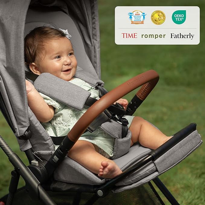 MAMAZING Air Lux Baby Stroller with Carbon Fiber Frame, One-Hand Fold & Reversible Seat, Magnetic 5-Pt Harness, Car Seat Adapter, 15.8lbs, Cinder