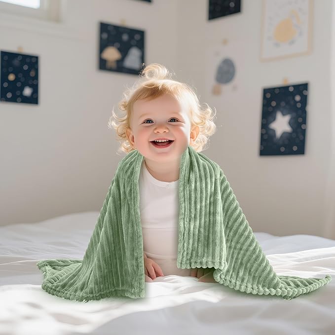 Soft Fleece Baby Blanket Ultra Cozy Green Baby Blankets for Boys Warm and Lightweight Infant Toddler Newborn Receiving Gift with Reversible Stripes for Crib Stroller, 30x40 Inch, Sage Green