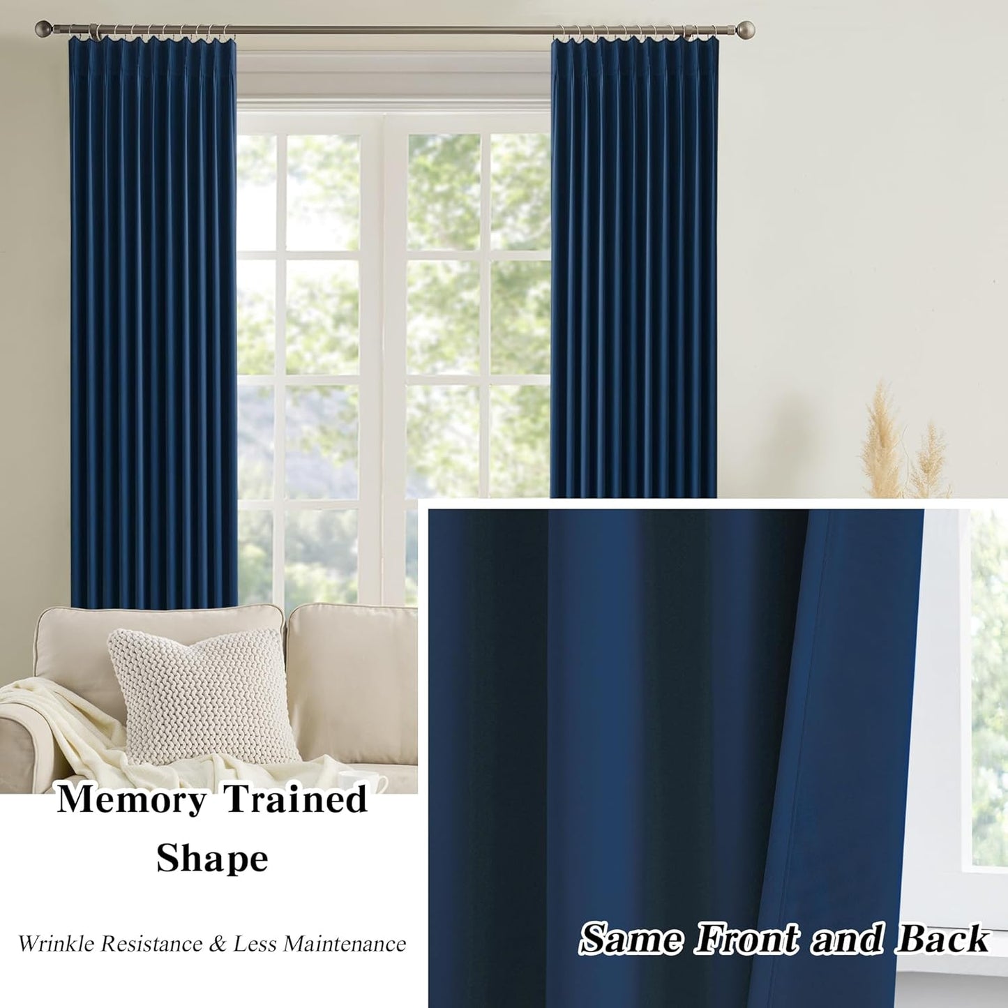 KEQIAOSUOCAI Navy Pleat Wide Width Drapes 80 x 84 inch Long 2 Panels - Thermal Insulated Room Divider Curtains for Bedroom/Living Room/Patio, Pinch Pleated Curtain Panel with Hooks