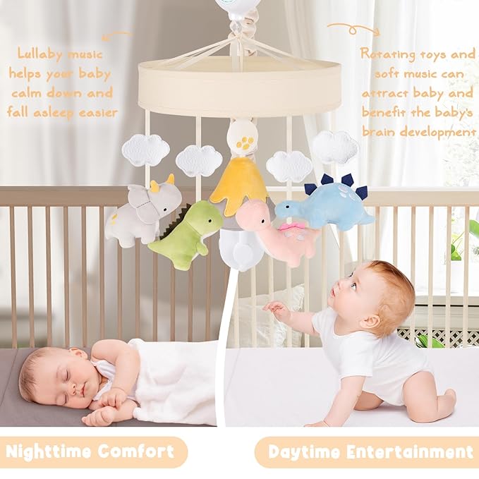 Dinosaur Crib Mobile – Beige Dino Baby Crib Mobile with 3-Mode Music Box, Nursery Mobile with Triceratops, T-Rex, Volcano, Fits Standard Cribs