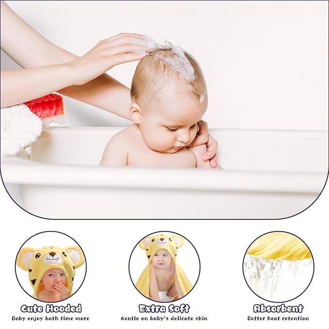 Extra Large Baby Bath Towels Hooded, 50 x 32 Inch Large Toddler Towel with Hood Set, Animal Face Hooded for Kids Boy&Girl, Yellow Tiger & Green Dinosaur