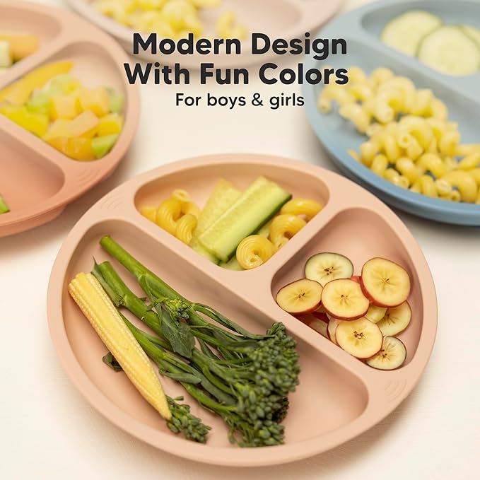 KeaBabies Suction Plates for Baby, Toddler - 3-Pack 100% Silicone Toddler Plates with Suction, Divided, BPA-Free Baby Led Weaning Essentials for Kids, Dishwasher, Microwave Safe, Durable (Terracotta)