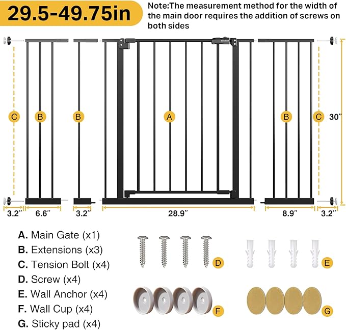 InnoTruth 29.5–49.75" Extra Wide Baby Gate for Stairs, 30" Tall Walk Through Dog Gate for Stairs & Doorways, Pressure-Mounted Safety Gate for Pets & Kids, Dual Lock & 2-Way Swing, Black