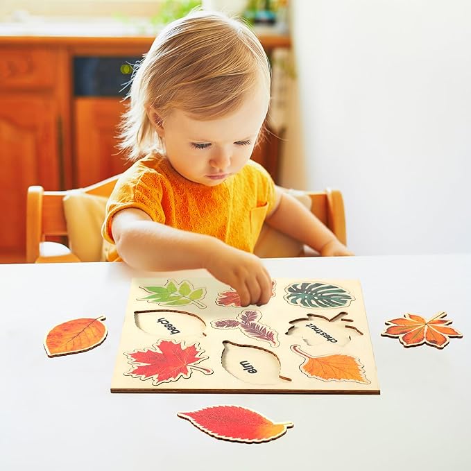 Kathfly 2 Pieces Leaf Wooden Jigsaw Puzzles Leaf Puzzle Montessori Toy Early Educational Learning for Birthday Gift Early Education School(Fresh)