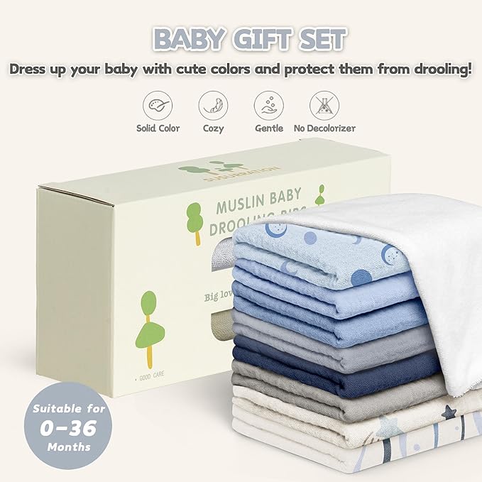Susurration Muslin Baby Bibs 8 Pack Bandana Drool Bibs, Soft Square Adjustable Baby Drooling Bibs for Unisex Girls & Boys