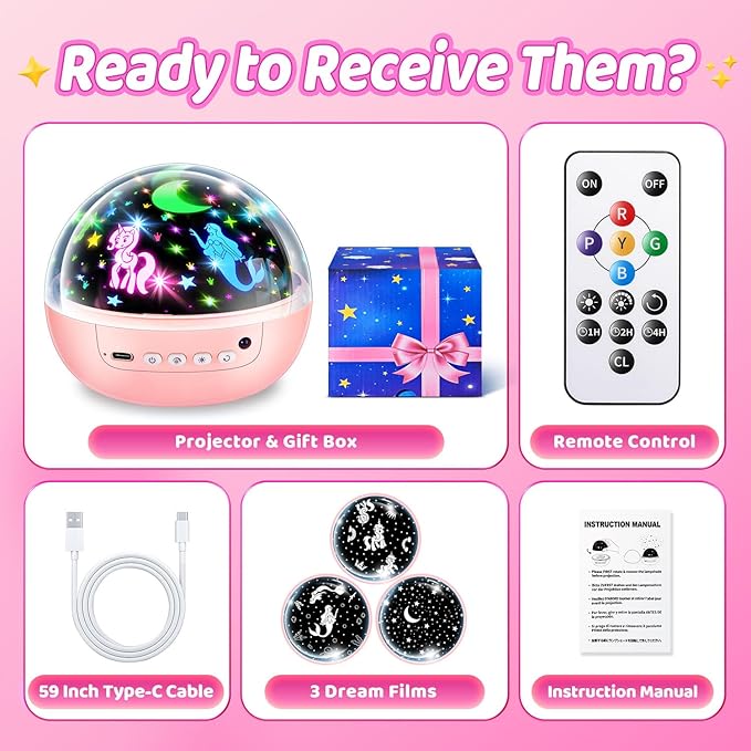 Girl Toys Age 1-10 Years Old, 【3 Film & 93 Colors】Princess Toys Mermaid Toys Unicorn Toys for Girls Age 4-6 Night Light for Kids Projector, Remote Control Little Girls Toys, Girl Gifts Toys for 3-8