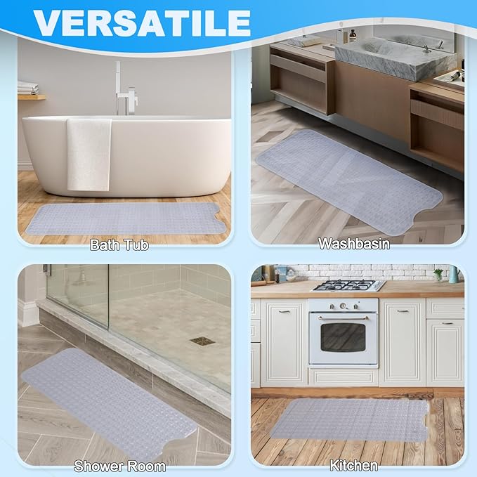 Linoows Bathtub and Shower Mats, 40x16 Inch Extra Large Non Slip Soft Bath Tub Mat with Suction Cups and Drain Holes for Bathroom Floor and Keep Tubs Clean, Machine Washable, Clear