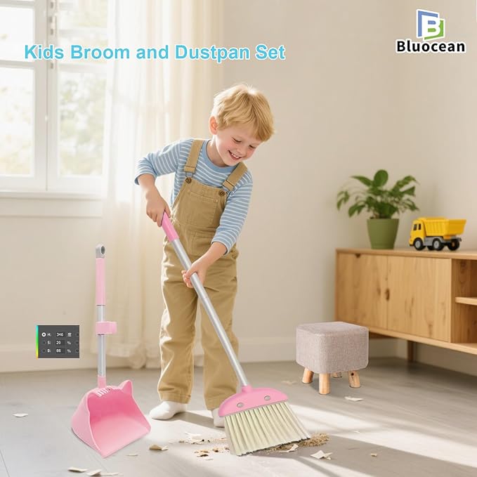 28′′ Mini Broom and Dustpan Set for Kids-Ideal Kids' Toys as Gifts, Parent-Child Interactive Cleaning Tool, Cute Cartoon Design, Household Helper for Toddlers, Small Safe Corner Broom(Pink Puff)