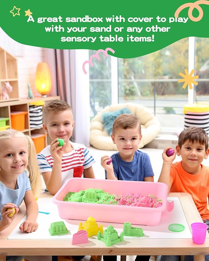 Sensory Bin Sand Tray with Lid for Toddlers 2 Pcs 15in Portable Sandbox Toy Large Plastic Tray for Kids 3 4 5 6 Fill with Sand, Water, Beads, and More (Pink + Blue)