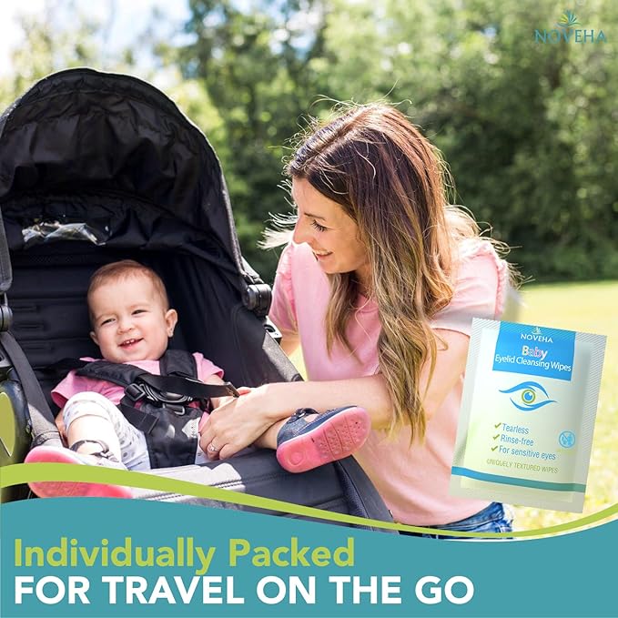 NOVEHA 60PCs Baby Eye Wipes | Safe & Natural Eyelid & Lash Wipes | Non Irritating, Tear Free, Hypoallergenic & Preservative free | Organic Baby Wipes for Sensitive Skin | Soothing and Moisturizing