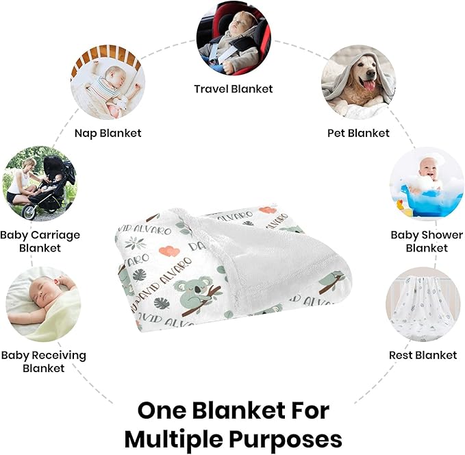 Ship Next Day Personalized Baby Blanket, Printed in USA - Custom Name Toddler Blanket with Koala Pattern, Personalized