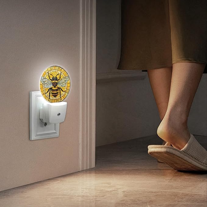 Round LED Night Lights Lamp with Dusk to Dawn Sensor, 3D Circular Stained Glass with Bumblebee Night Light Plug Into Wall for Kids Room, Bedroom, Bathroom, Kitchen, Hallway